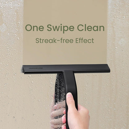 JustHang Shower Squeegee with Built-in Hook, 10-Inch Black | Award-Winning Design, All-One-Piece Soft-Touch Silicone, for Glass Door, Bathroom, Window, Mirror, Tile Wall, Car
