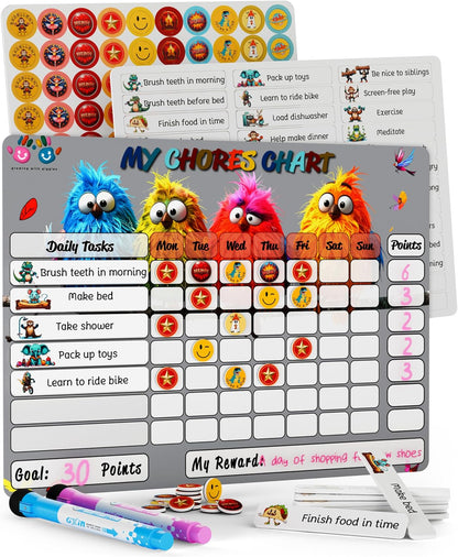 Mimi Doodle Magnetic Chore Chart for Kids – 16x12 Dry Erase Daily Responsibility Board for Fridge with 39 Chore tabs, 100 Reward Stickers – Behavior Chart for Kids at Home – Simple Theme