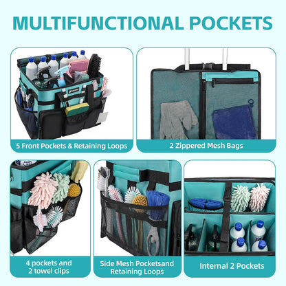 Rolling Cleaning Caddy Bag with Wheels, Large Cleaning Cart Detachable Trolley, Cleaning Bags for Housekeepers With Shoulder Strap & Multi Pockets for Cleaning Tools Storage (Amber Green)