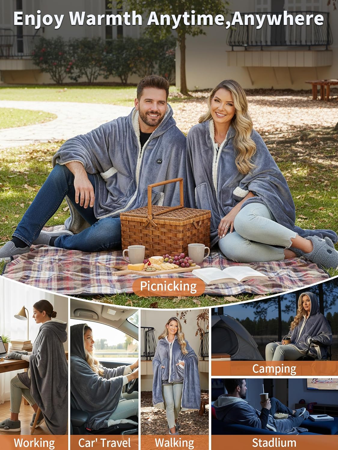 PETREL Wearable Heated Shawl Poncho Blanket,3 Heat Sets | Cordless Heated Throw Blanket,Battery Operated, Sherpa Lining Portable Electric Wrap Hoodie for Car,Indoor,Camping,Picnic