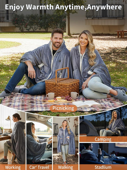 PETREL Wearable Heated Shawl Poncho Blanket,3 Heat Sets | Cordless Heated Throw Blanket,Battery Operated, Sherpa Lining Portable Electric Wrap Hoodie for Car,Indoor,Camping,Picnic