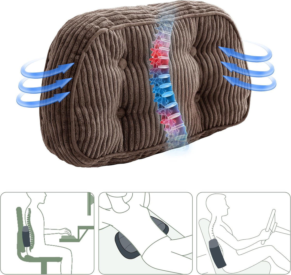 HIGOGOGO Lumbar Support Pillow for Recliner Chair/Accent Chair/Couch/Office Chair, Tufted Corduroy Back Support Cushion for Elderly, Recliner Cushions for Back Rest, Pain Relief, Reading, Dark Grey