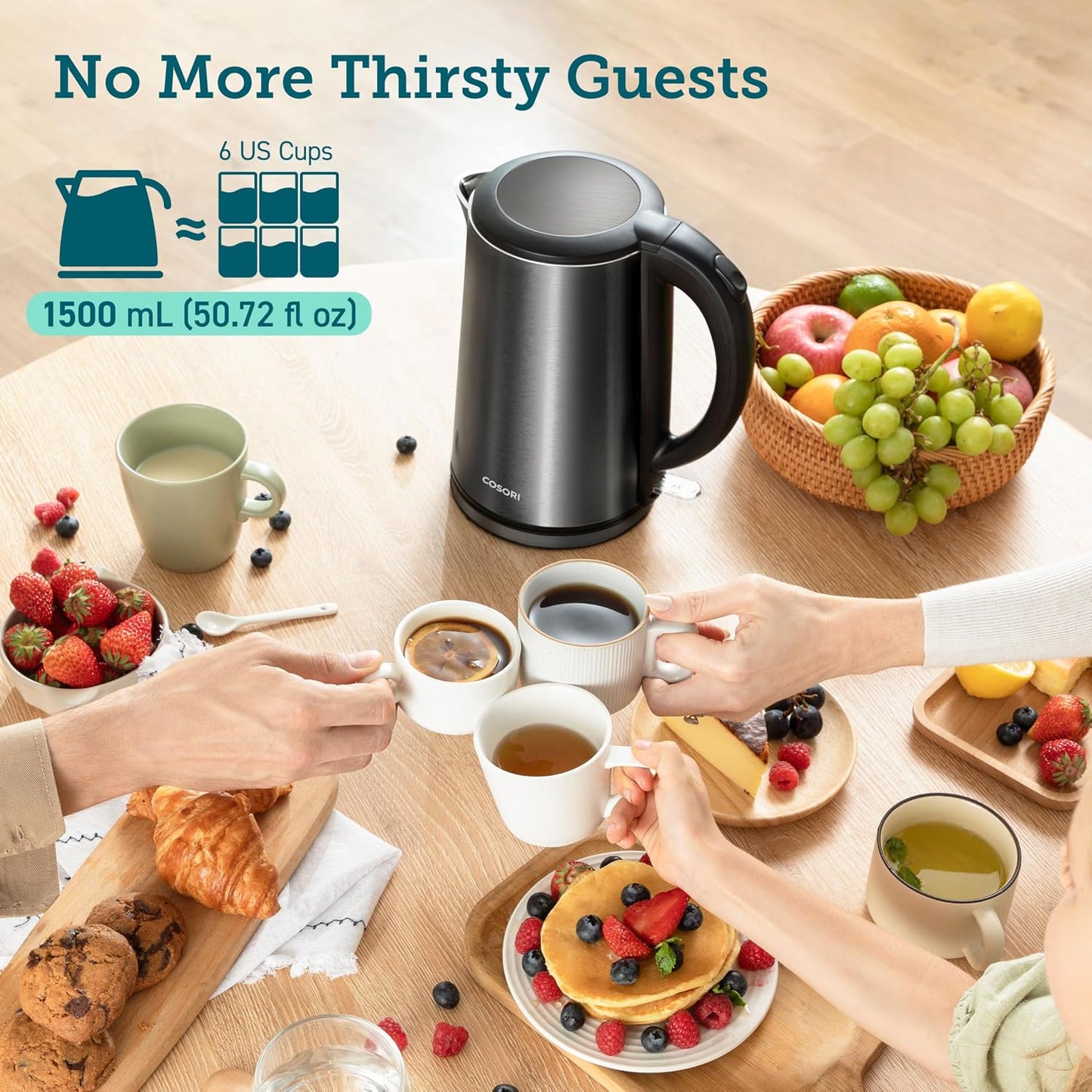 Cosori Stainless Steel Electric Kettle, Plastic-Free Interior, 1.5L, Black | Cool-Touch Double-Wall, Auto Shut-Off, Boil-Dry Protection, Tea Kettle, Hot Water Boiler, 1500W
