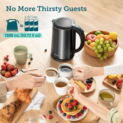 Cosori Stainless Steel Electric Kettle, Plastic-Free Interior, 1.5L, Black | Cool-Touch Double-Wall, Auto Shut-Off, Boil-Dry Protection, Tea Kettle, Hot Water Boiler, 1500W