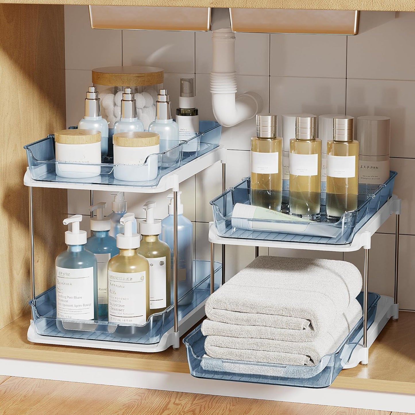 Delamu 2-Tier Multi-Purpose Bathroom Under Sink Organizers and Storage, Stackable Kitchen Pantry Organization, Pull Out Medicine Cabinet Organizer with Movable Dividers, White, 2 Pack
