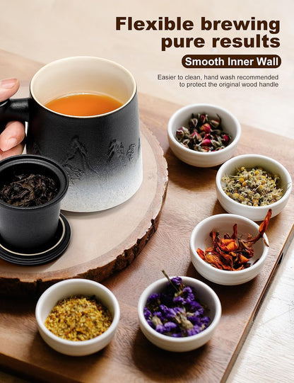 suyika Tea Cup with Infuser and Lid, 15.2 Ounce Wood Handle Ceramic Loose Leaf Mug Gradient Black&Green 450ml
