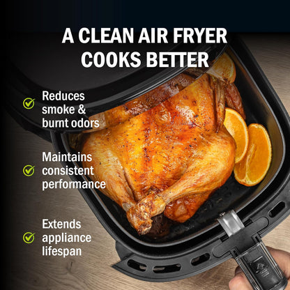 Air Fryer Cleaner and Degreaser. 6 Powder Sachets with Brush. Cuts Grease, Burnt Food and Odors. For Basket, Drawer, Grill and Crisper Plate. Nonstick Safe