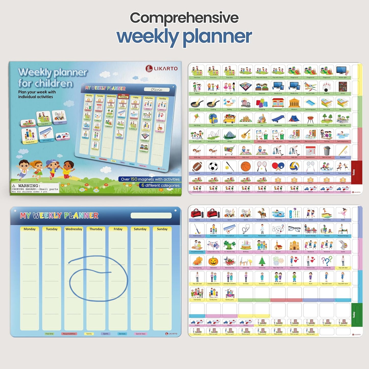 LIKARTO® Visual Schedule for Kids - Routine Chart for Kids - Magnetic Schedule with 147 Magnets - Chore Chart for Children - Morning Evening Bedtime Routine for Toddlers, Autism, ADHD