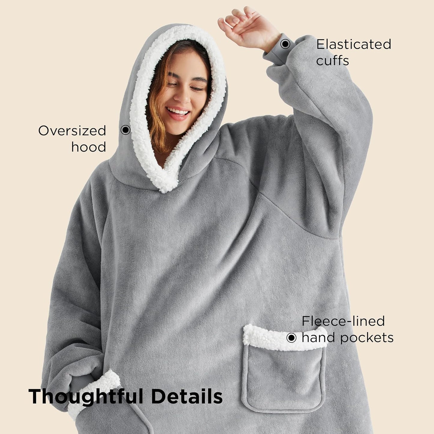 Bedsure Blanket Hoodie, Wearable Blanket Hoodie as Gifts for Mom, Birthday Gifts for Women Kids Teens Mother's Day Sherpa Sweatshirt, Grey, Standard