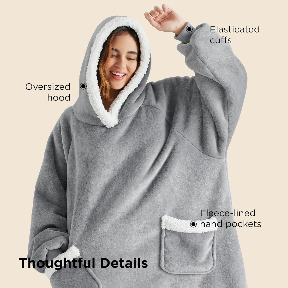Bedsure Wearable Blanket Sherpa Hoodie Gifts, Sweatshirt, Grey, Standard