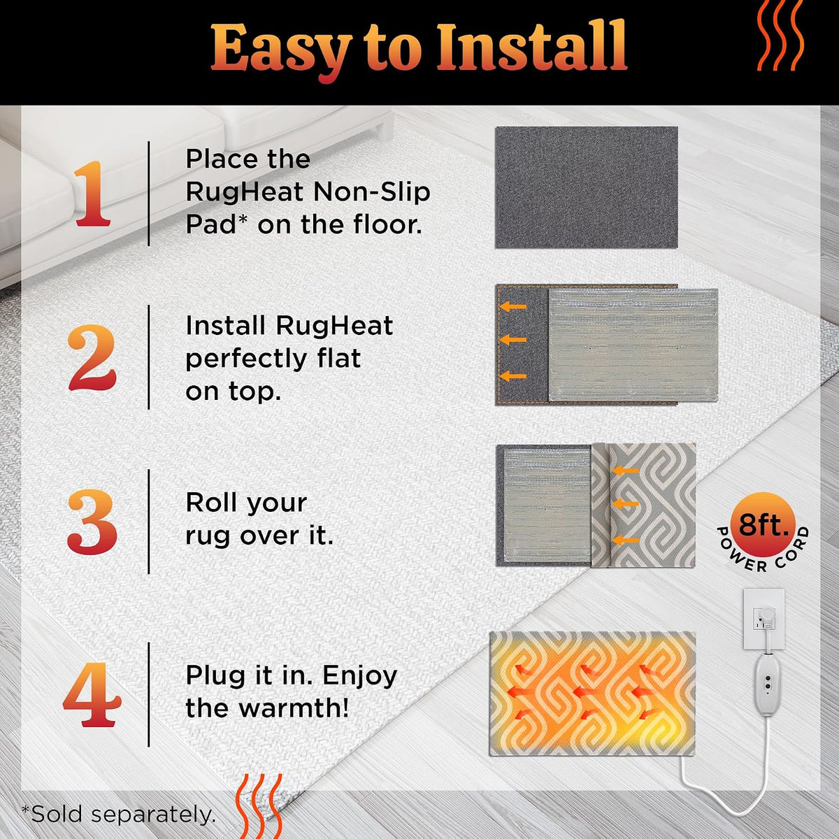 Portable Heated Floor Mat, Small (22x34 inches) Fits under a 2' x 3' Rug, Foot Warmer Under-Rug Pad for Heated Rug, Electric Radiant Floor Heater for Area Rugs