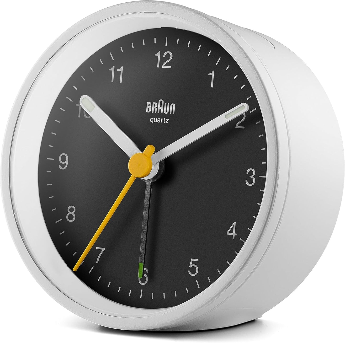 Braun Classic Analogue Alarm Clock with Snooze and Light, Quiet Quartz Movement, Crescendo Beep Alarm in White, Model BC12W.
