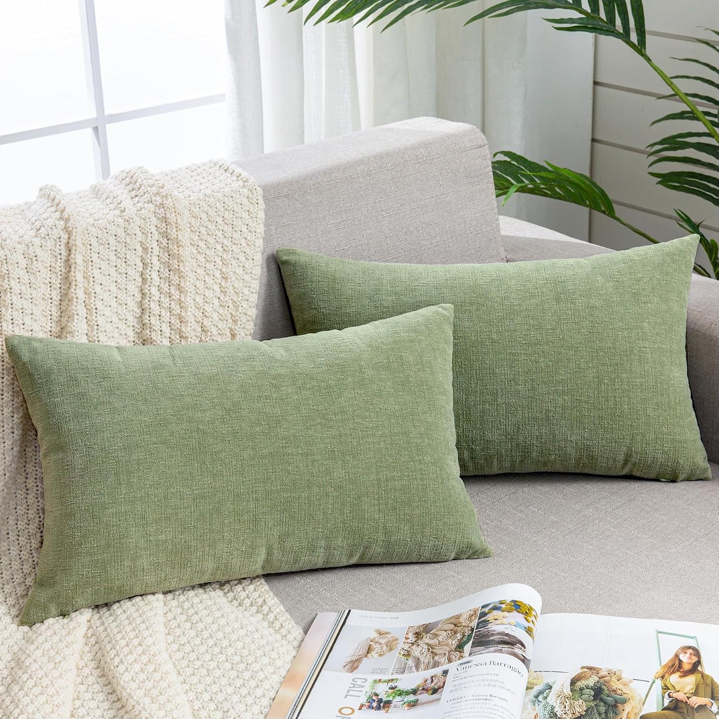 GAWAMAY Lumbar Support Pillow Decorative Rectangle Throw Pillow Covers 12"x20" Inch Set of 2, Soft Chenille Fall Pillowcase for Living Room Bedroom Sofa Couch Cushion Cover Grey 30x50cm (No Insert)