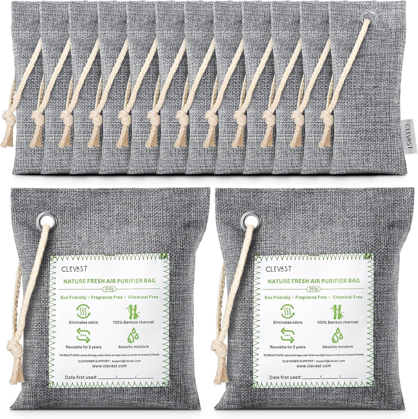 CLEVAST 14 Pack Activated Bamboo Charcoal Air Purifying Bags(2x200g, 12x50g), Natural Fresh Odor Absorber, Deodorizer and Moisture Eliminator, Air Purifier Bags for Home