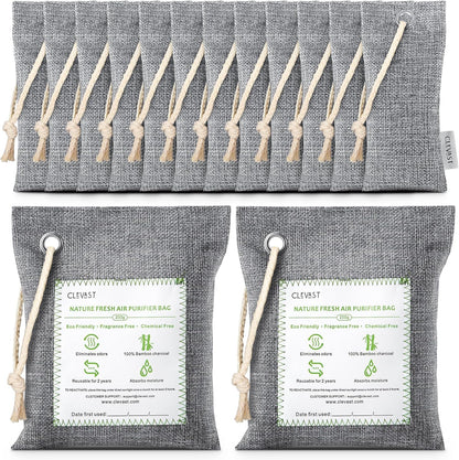 CLEVAST 14 Pack Activated Bamboo Charcoal Air Purifying Bags(2x200g, 12x50g), Natural Fresh Odor Absorber, Deodorizer and Moisture Eliminator, Air Purifier Bags for Home