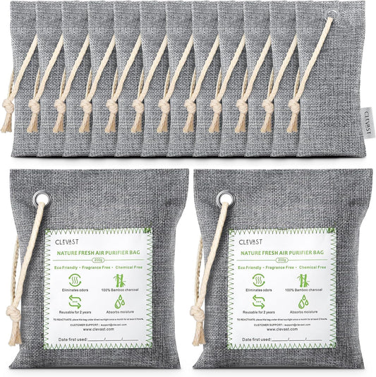 CLEVAST 14 Pack Activated Bamboo Charcoal Air Purifying Bags(2x200g, 12x50g), Natural Fresh Odor Absorber, Deodorizer and Moisture Eliminator, Air Purifier Bags for Home
