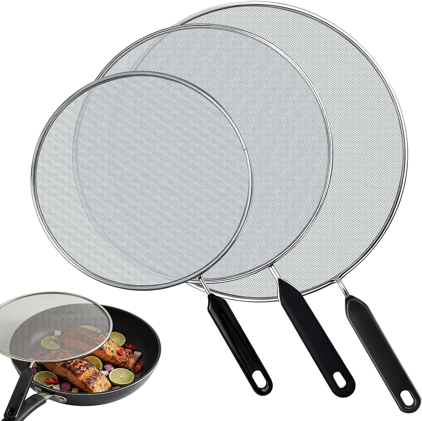 3-Pack Splatter Screen for Frying Pan - 8'' 10'' 11''Stainless Steel Grease Splatter Guard - Cover Oil Splash when Sizzling Bacon - Fine Mesh Cover, Splatter Screen for Frying Pan, Cooking Pots