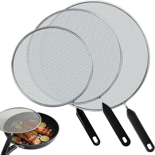 3-Pack Splatter Screen for Frying Pan - 8'' 10'' 11''Stainless Steel Grease Splatter Guard - Cover Oil Splash when Sizzling Bacon - Fine Mesh Cover, Splatter Screen for Frying Pan, Cooking Pots