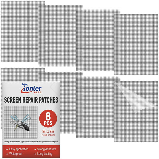 8 Pcs Fiberglass Screen Repair Patches 5"×7" Black Self Adhesive Mesh Tape | Fast Repair Tape for Window, Screen Door & Mosquito Net, Instant Patch to Fix Small Holes and Tears Easily