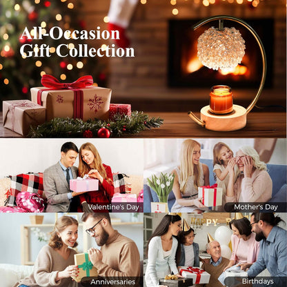 Yeuslor Gold Candle Warmer Lamp for Jar Candles with Adjustable Brightness＆Timer，Handcrafted Crystal＆Wooden Base, Luxurious Design,Home Decoration Electric Candle lamp(C-Shaped)