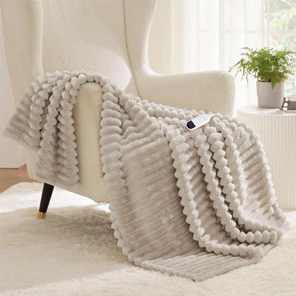 Bedsure Heated Blanket Electric Throw - Thick Striped Fast Heating Electric Blanket with Preheat Function, 6 Heat & 6 Timer (Up to 10H), 8H Auto Off, ETL Certified, Gifts for Women (50"x60", White)
