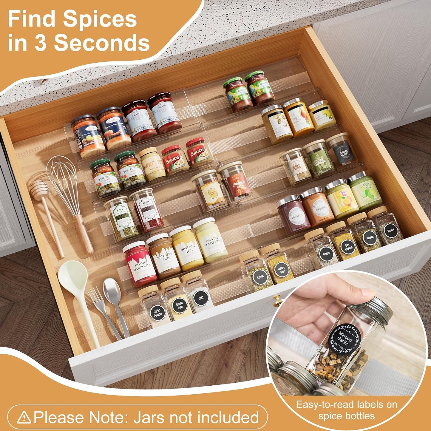 8-Pack Spice Drawer Organizer, Expandable Acrylic Seasoning Rack (13" to 26") with Anti-Slip Mat, Kitchen Spice Rack Holds up to 56 Jars (Jars Not Included)