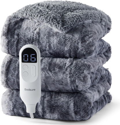 Bedsure Heated Blanket Throw Blanket with Preheat Function - Fast Heating Electric Blanket, Soft Flannel Throw with 6 Time Settings(Up to 10H), 6 Heating Settings, Gifts for Grandma (50"x60", Grey)