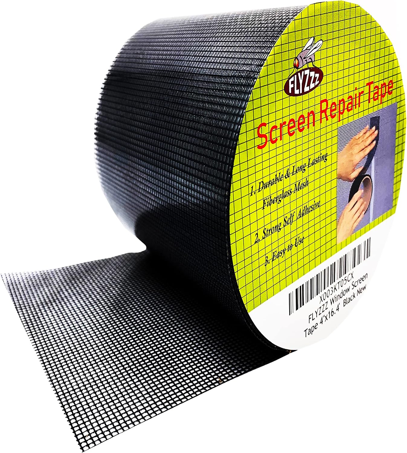 FLYZZZ Window Screen Repair Kit Tape Extra Wide 4''x16.4' Black Adhesive & Waterproof 3-Layer Fiberglass fix for Screen Door and Window Screen