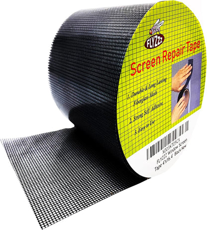 FLYZZZ Window Screen Repair Kit Tape Extra Wide 4''x16.4' Black Adhesive & Waterproof 3-Layer Fiberglass fix for Screen Door and Window Screen