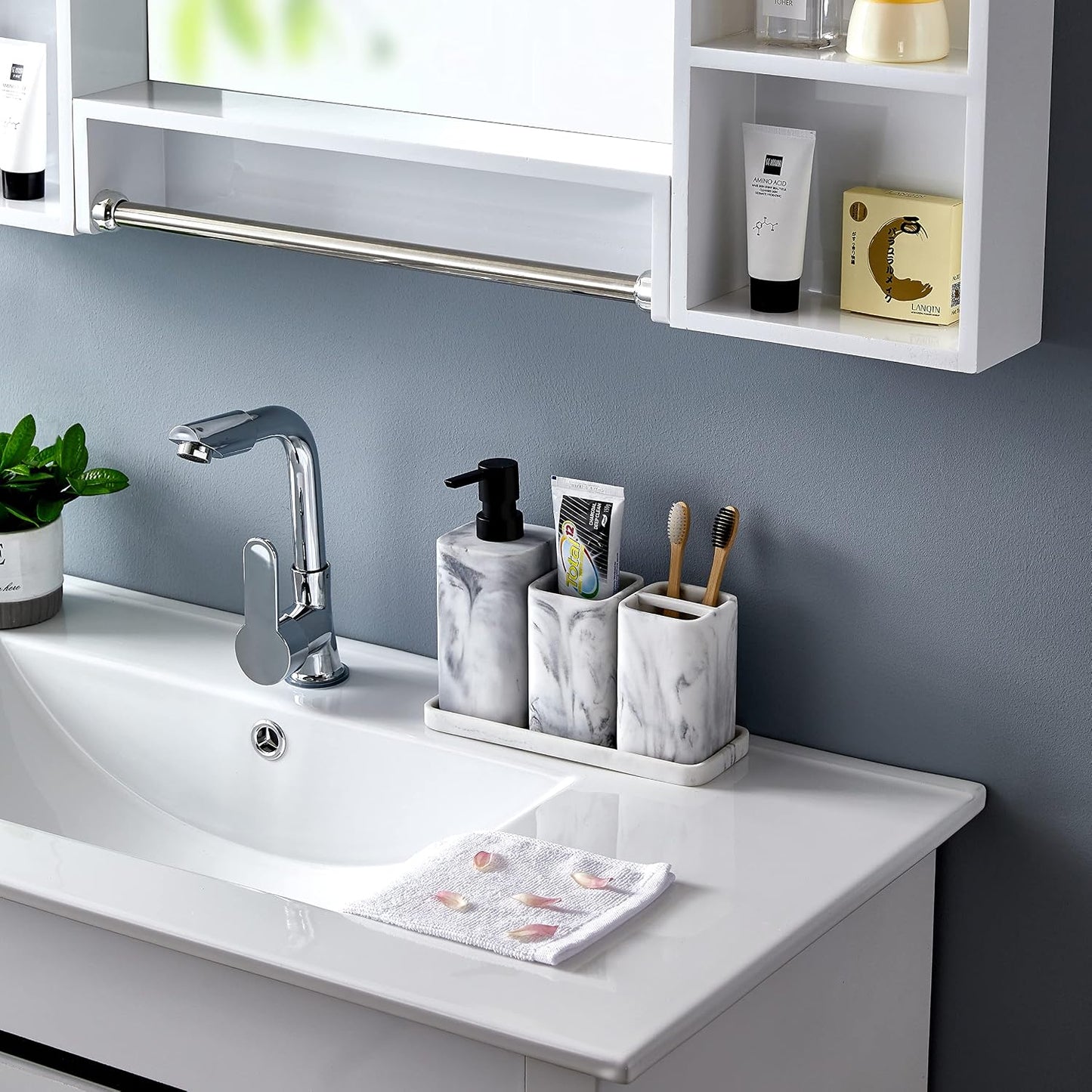 Marble Look Toothbrush Holder for Bathroom Countertop Organizer, Holds Toothpaste, Dental Floss, Razor, Comb, Makeup Brushes, and More, Stylish Bathroom Accessory for Tooth Brushing Essentials