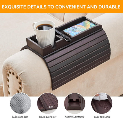 GEHE Bamboo Couch Cup Holder, Anti-Spill Sofa Arm Tray, Natural and Easy to Clean Couch Arm Cup Holder Armrest Tray Perfect for Cups, Beers, Snacks, Remote Control, Drinks