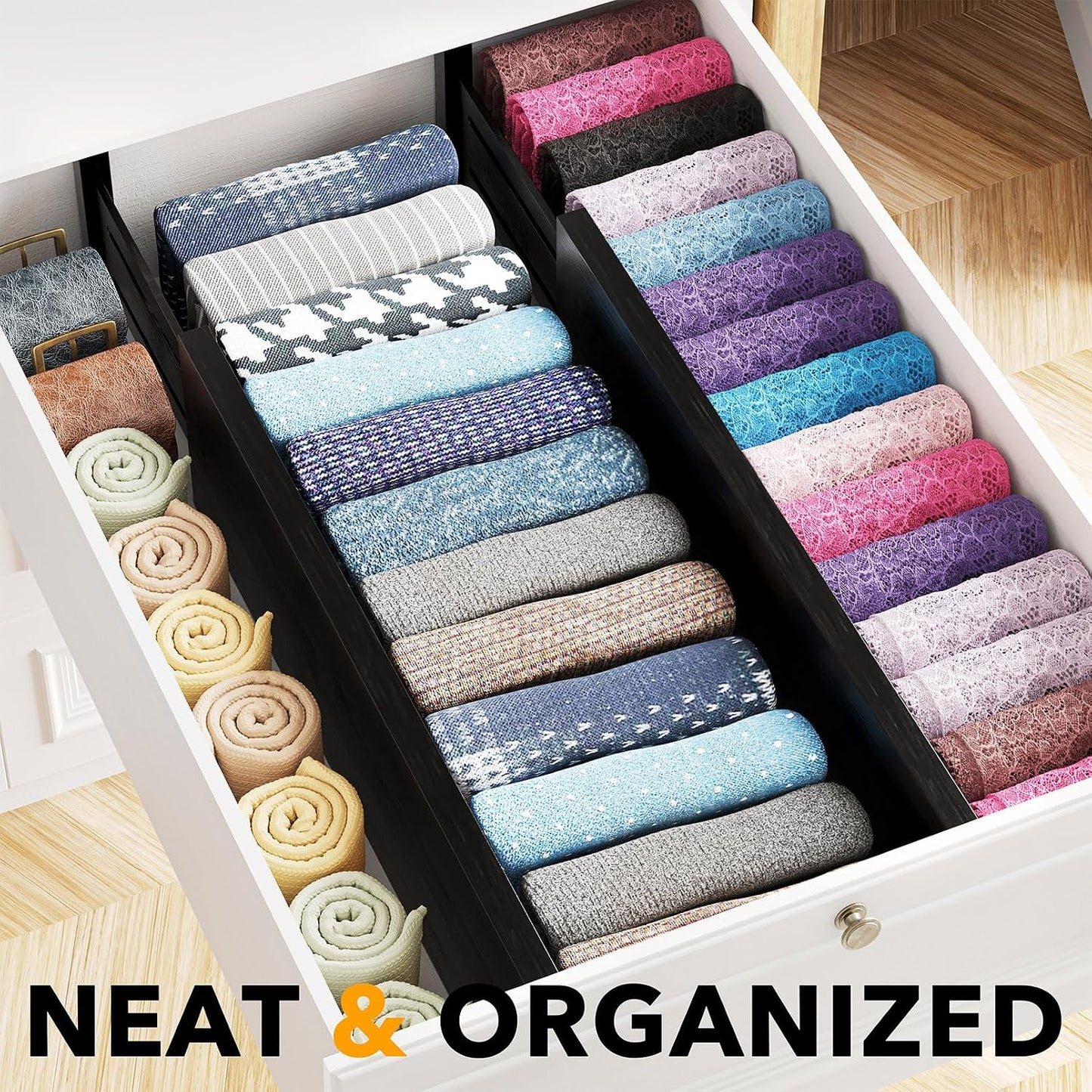 SpaceAid Bamboo 4 Pack Dresser Drawer Dividers, 4.65“ High Adjustable 12.5“-17” Drawer Organizers, Expandable Organization for Clothing, Clothes, Dressers, Black