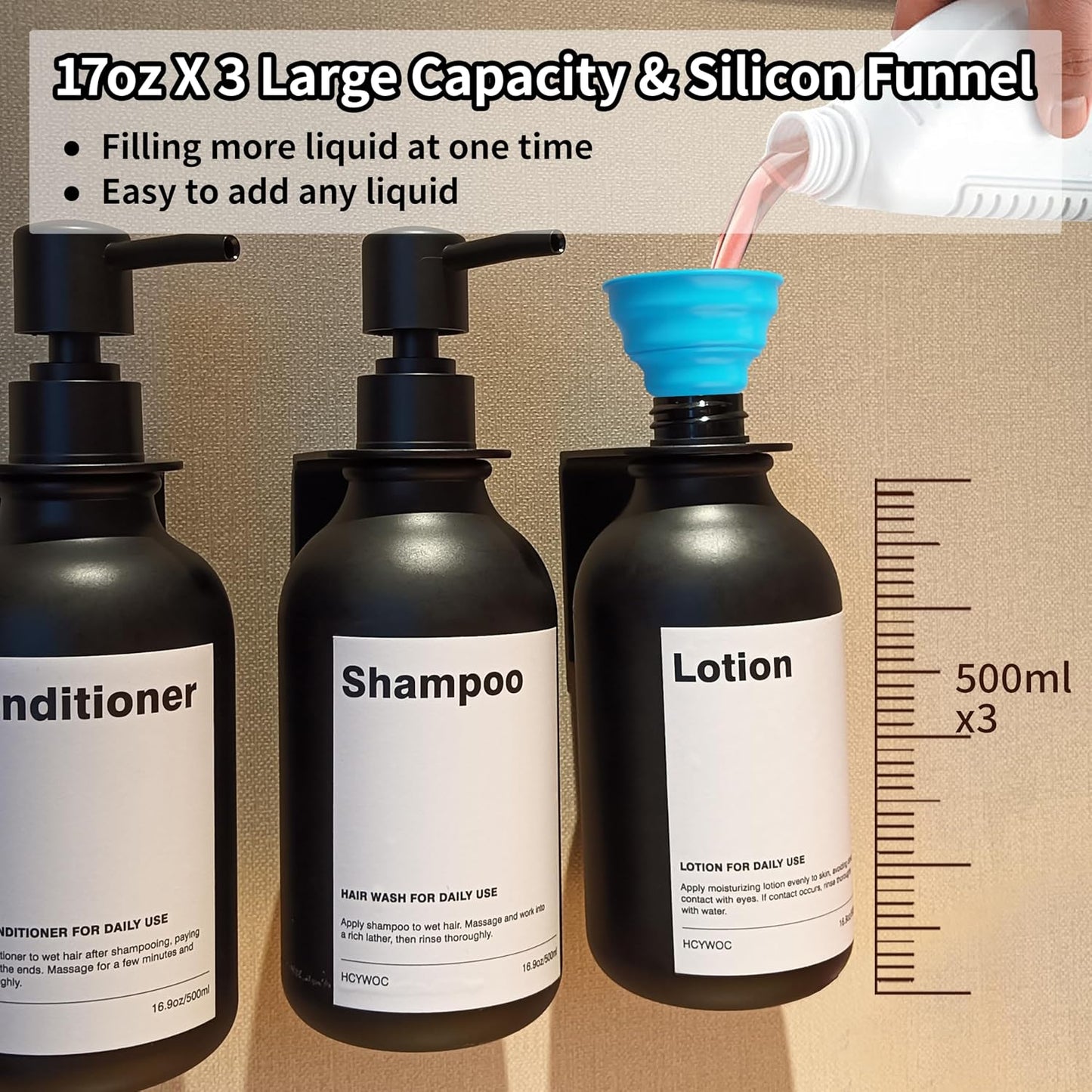 3 Pack Wall Mount Shower Dispenser, No Drill, 16 Waterproof Labels | Shampoo Dispenser for Shower Wall, Shampoo and Conditioner Dispenser, Bathroom, 17oz, Gold Amber