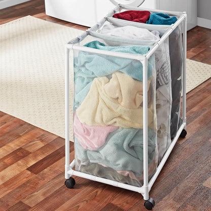 3-Bag Mesh Rolling Laundry Sorter Cart (Soft Silver), Easy Roll Casters, Space-Saving & Durable, Perfect for Bedroom & Laundry Room Easy-Sort Use