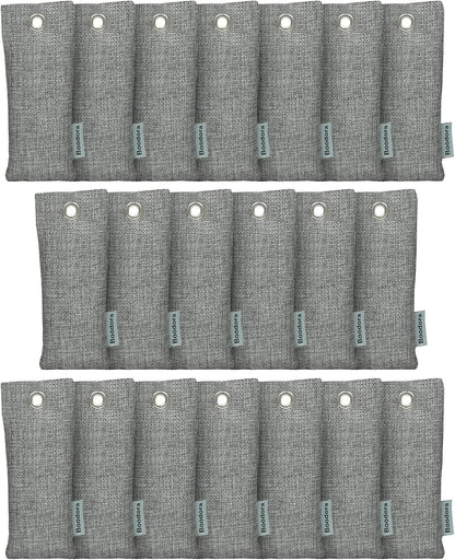 Activated Charcoal Bags Air Purifying 15 Pack, Bamboo Charcoal Odor Absorber for Home Closet Car Shoes, 70g Gray, Natural Odor Neutralizer, Moisture Absorber, Reusable up to 2 Years, 6 Hooks
