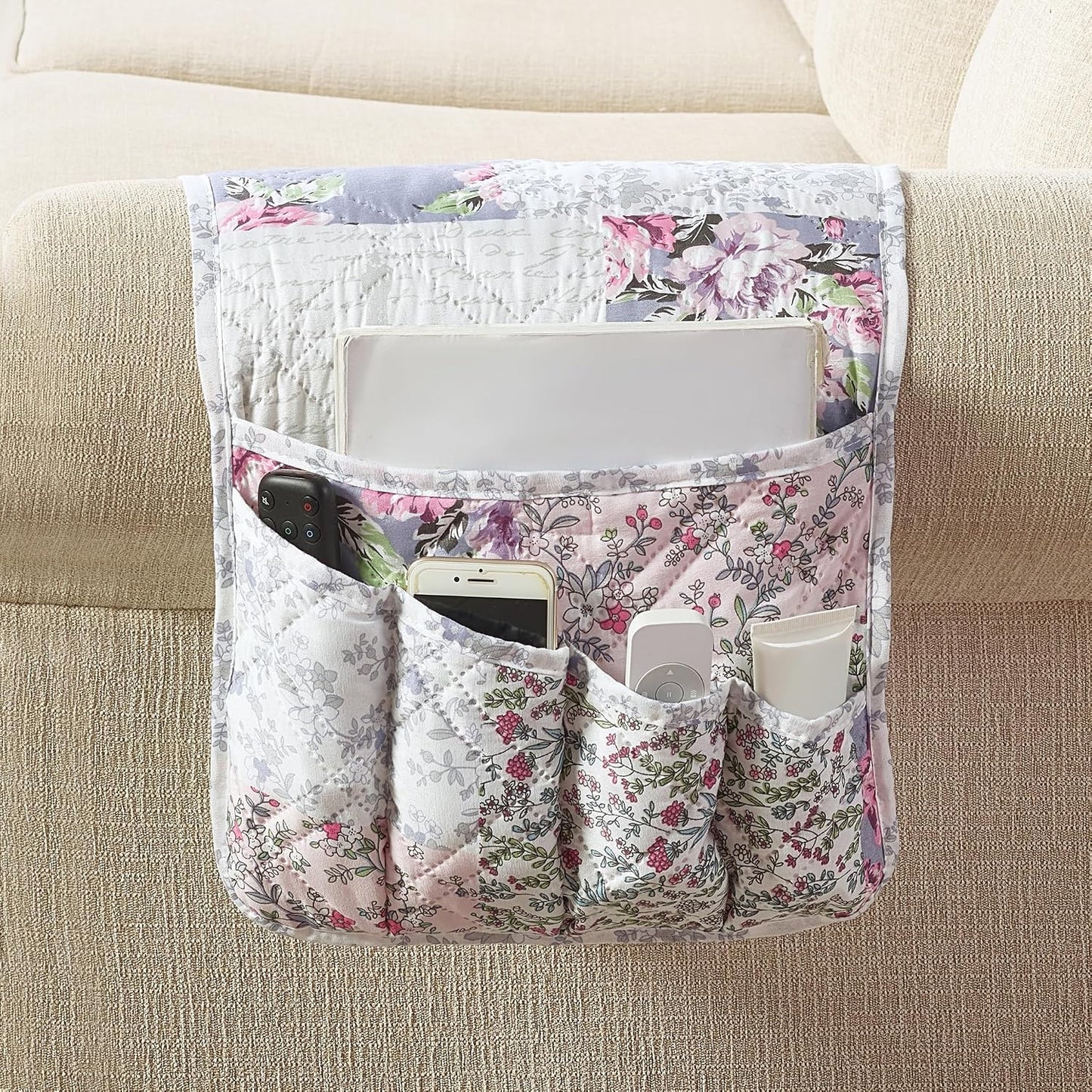 Brilliant Sunshine Burgundy Toile Floral Couch Armrest Cover, 35"×13" | Washable Magazine Holder, Armrest Organizer & Caddy on Sofa, Recliner, Armchair, Storage for Remote Controls, Phone, iPad
