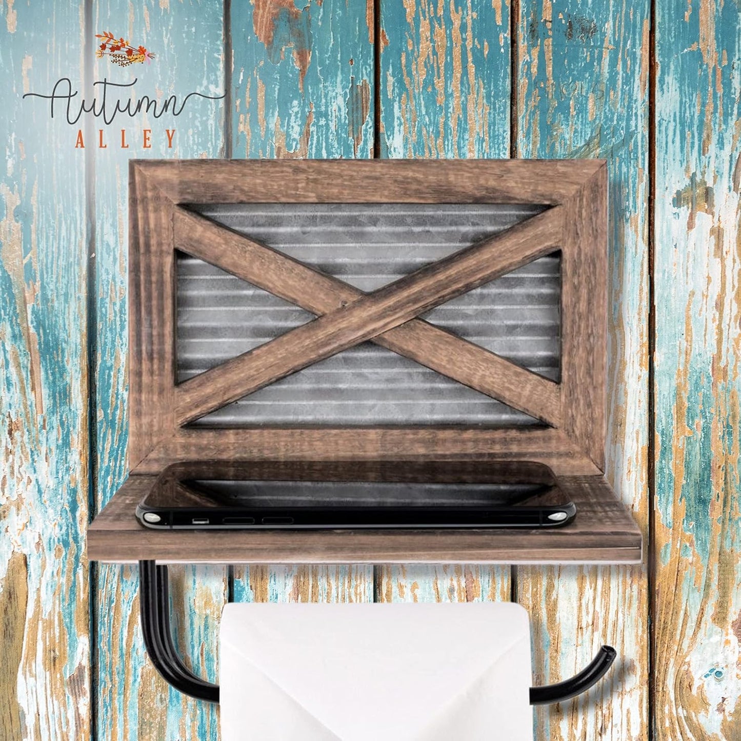 Autumn Alley Rustic Farmhouse Toilet Paper Holder with Shelf for Wipes - Rustic Farmhouse Bathroom Decor - Farmhouse Bathroom Accessories and Western Bathroom Decor Wall Mounted, Brown Wood