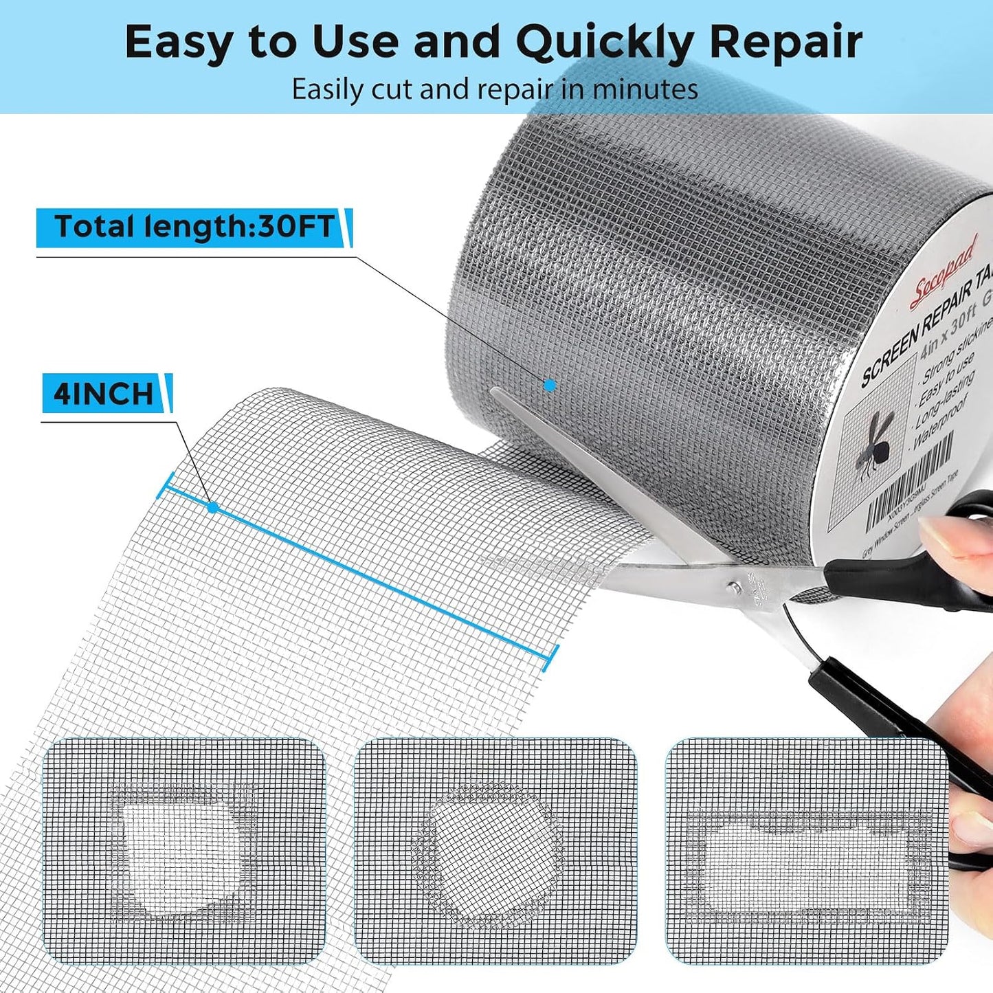 Secopad 4" x 360" (30FT) Screen Repair Tape, Screen Repair Kit, Grey | Window Screen Patch, Quick Repair, Strong Adhesive, Easy to Use, For Mesh Window & Door, Cuttable Fiberglass, No Tools Needed