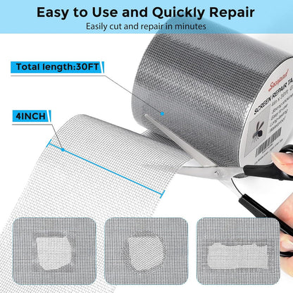 Secopad 4" x 360" (30FT) Screen Repair Tape, Screen Repair Kit, Grey | Window Screen Patch, Quick Repair, Strong Adhesive, Easy to Use, For Mesh Window & Door, Cuttable Fiberglass, No Tools Needed