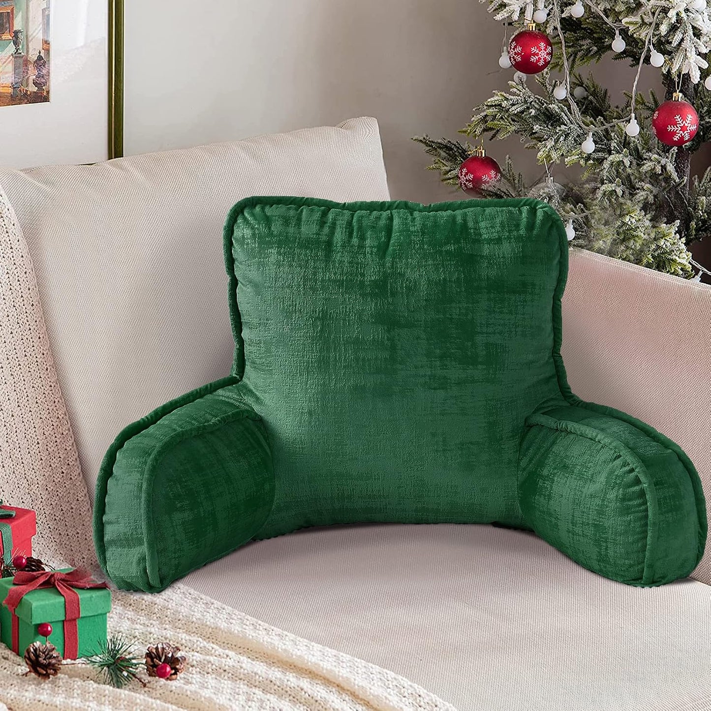 DIY Assembly Art Velvet Backrest Reading Bed Rest Pillow with Arms & Pockets, 18" H for Sitting in Bed Couch Sofa, Back Support Cushion with Removable Cover, 20"x18"x17", Aqua