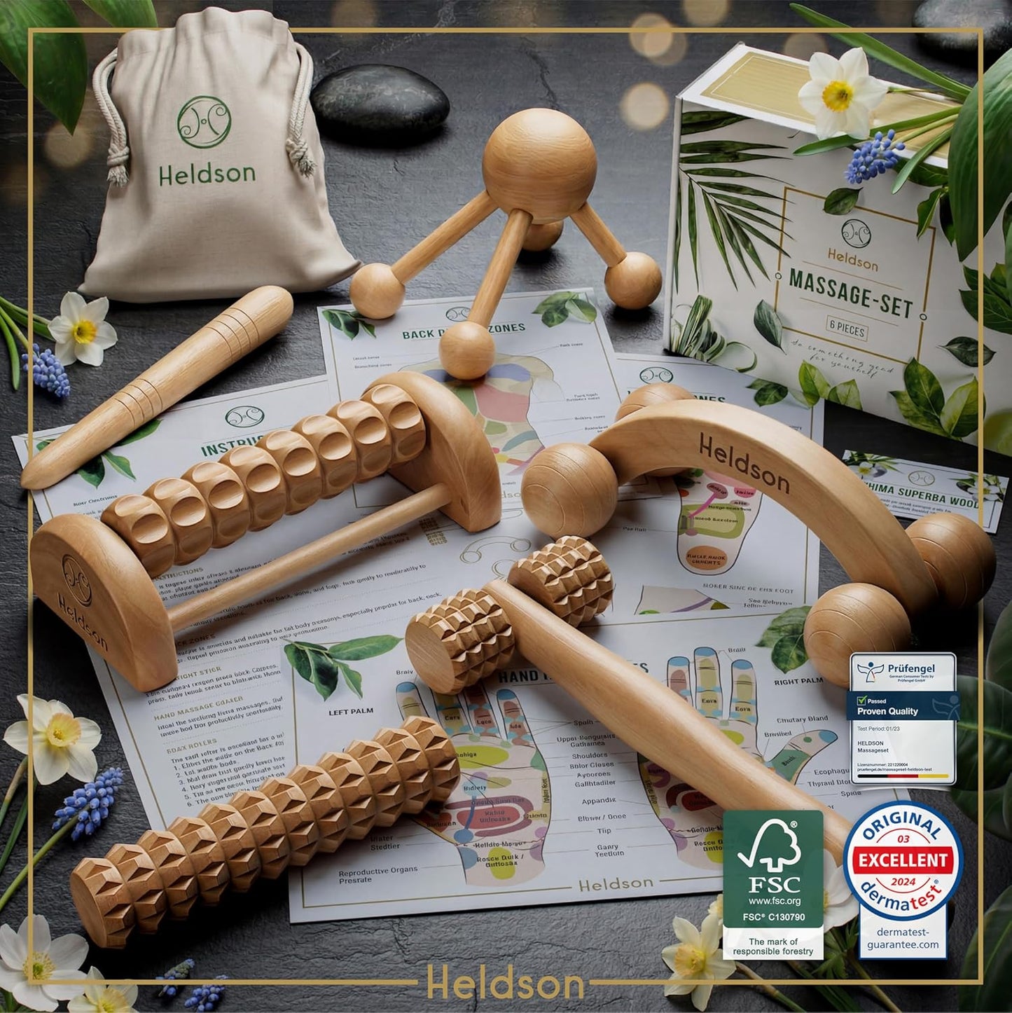 Wooden Massage Set 6 Pcs – Wood Therapy & Trigger Point Tools | Dermatest "excellent", FSC 100% wood, foot roller, back & body massager, incl. reflexology charts & cotton bag