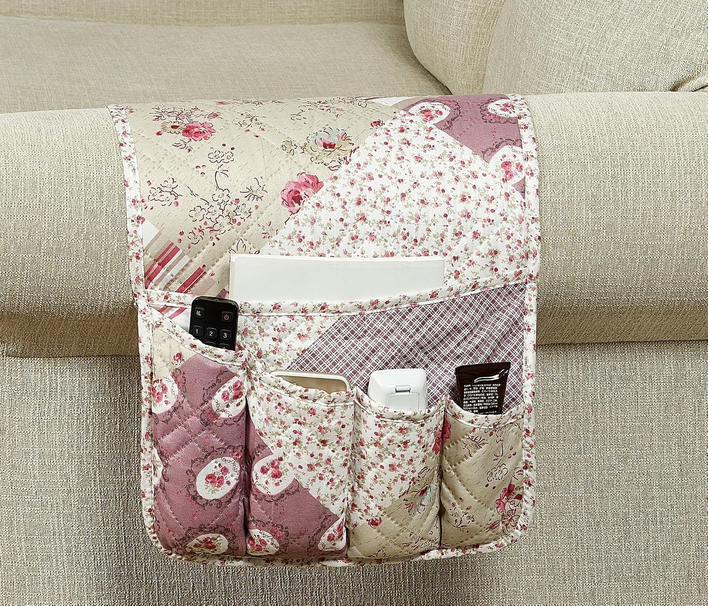 Brilliant Sunshine Burgundy Toile Floral Couch Armrest Cover, 35"×13" | Washable Magazine Holder, Armrest Organizer & Caddy on Sofa, Recliner, Armchair, Storage for Remote Controls, Phone, iPad