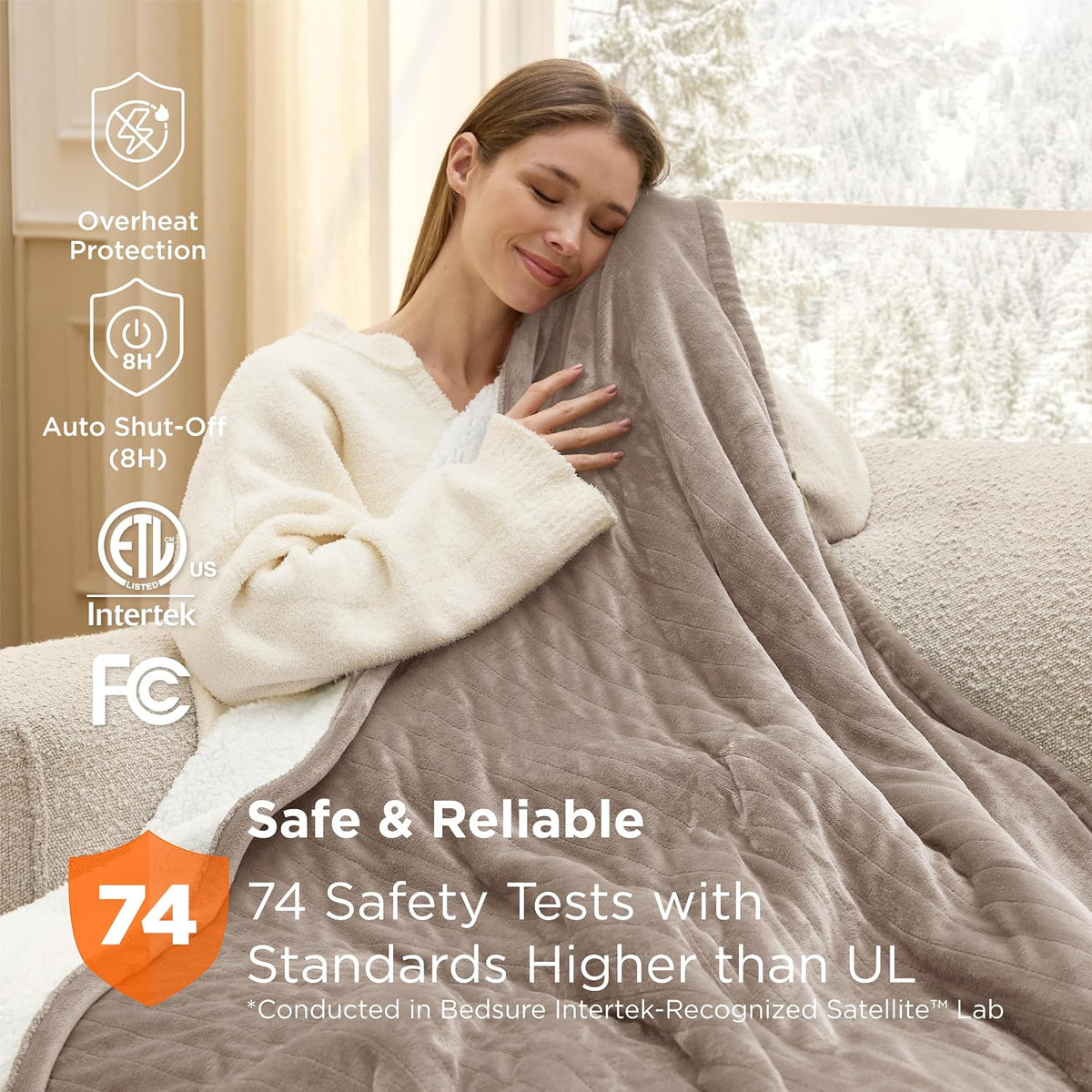 Bedsure Heated Blanket Throw, Soft Electric Blanket with Preheat, Cream