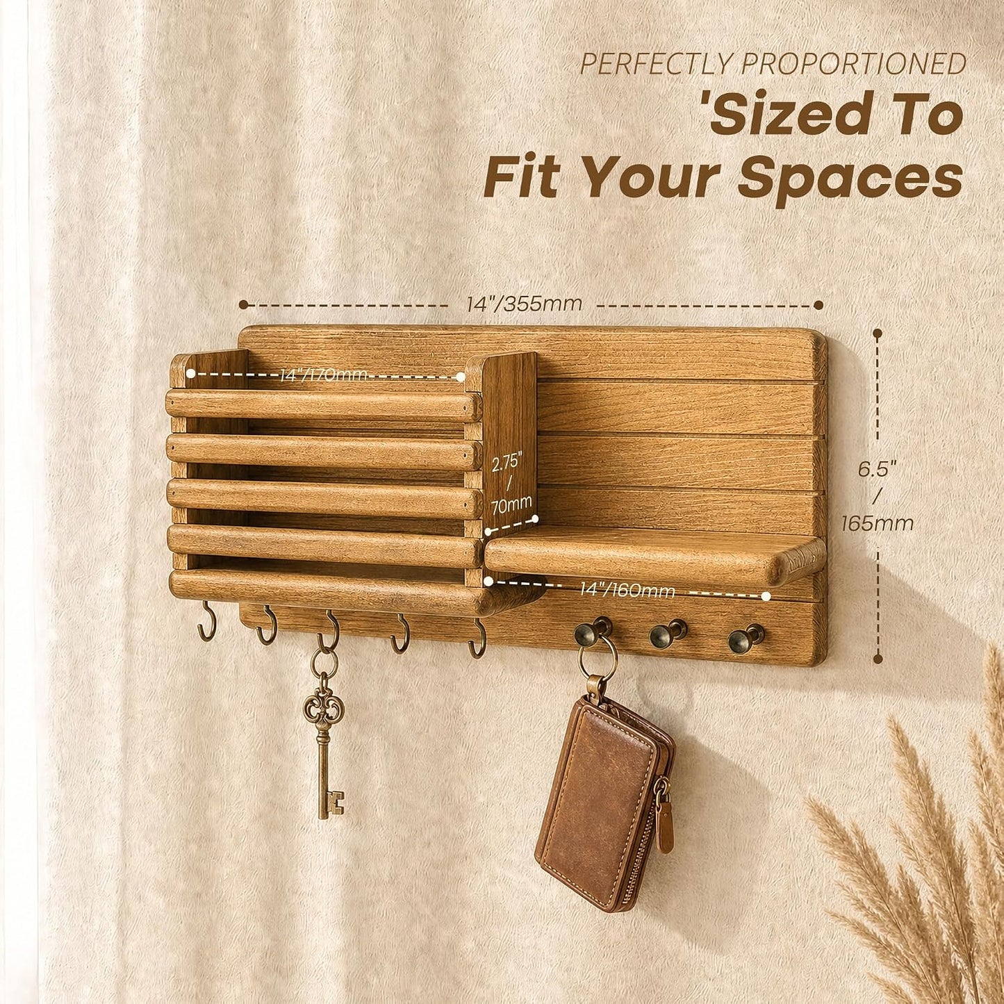 Rebee Vision Key Holder Wall Mount with Mail Slot for Entryway, Retro Brown | Pine Wood, Key Holder for Wall, 8 Hooks for Dog Leashes, Floating Shelf, Mail Sorter, New Home Essentials, Entryway Storage