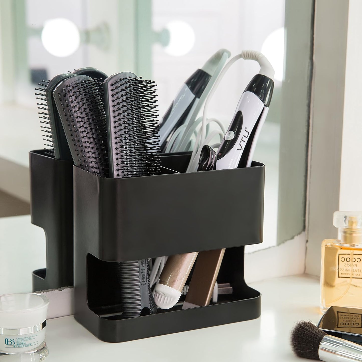 MyGift Wall Mount Salon Hair Tool Organizer with 3 Slots, Black Metal | Wall-mounted black metal storage features 3 slots for curling irons, blow dryers, straighteners, and hair brushes