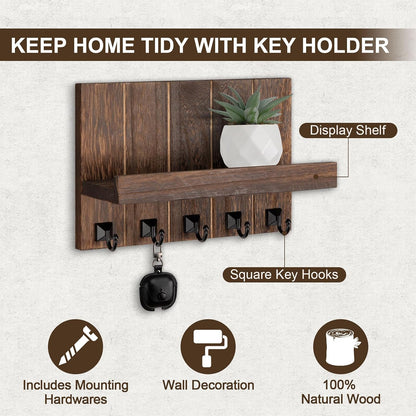 Key Holder for Wall, Decorative Key Holder with Shelf | Key and Mail Holder Wall Mount, Farmhouse Decor with 5 Key Hooks for Keys, Coats, ect.