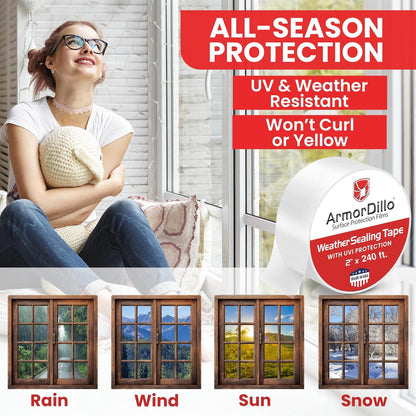 ArmorDillo Transparent Window Weather Sealing Tape, w Free Utility Knife, 2 inch X 120FT (40 YDS) - Clear Weather Stripping Tape, Draft Isolation & Insulation, No Residue, for Windows, Doors, AC & RV