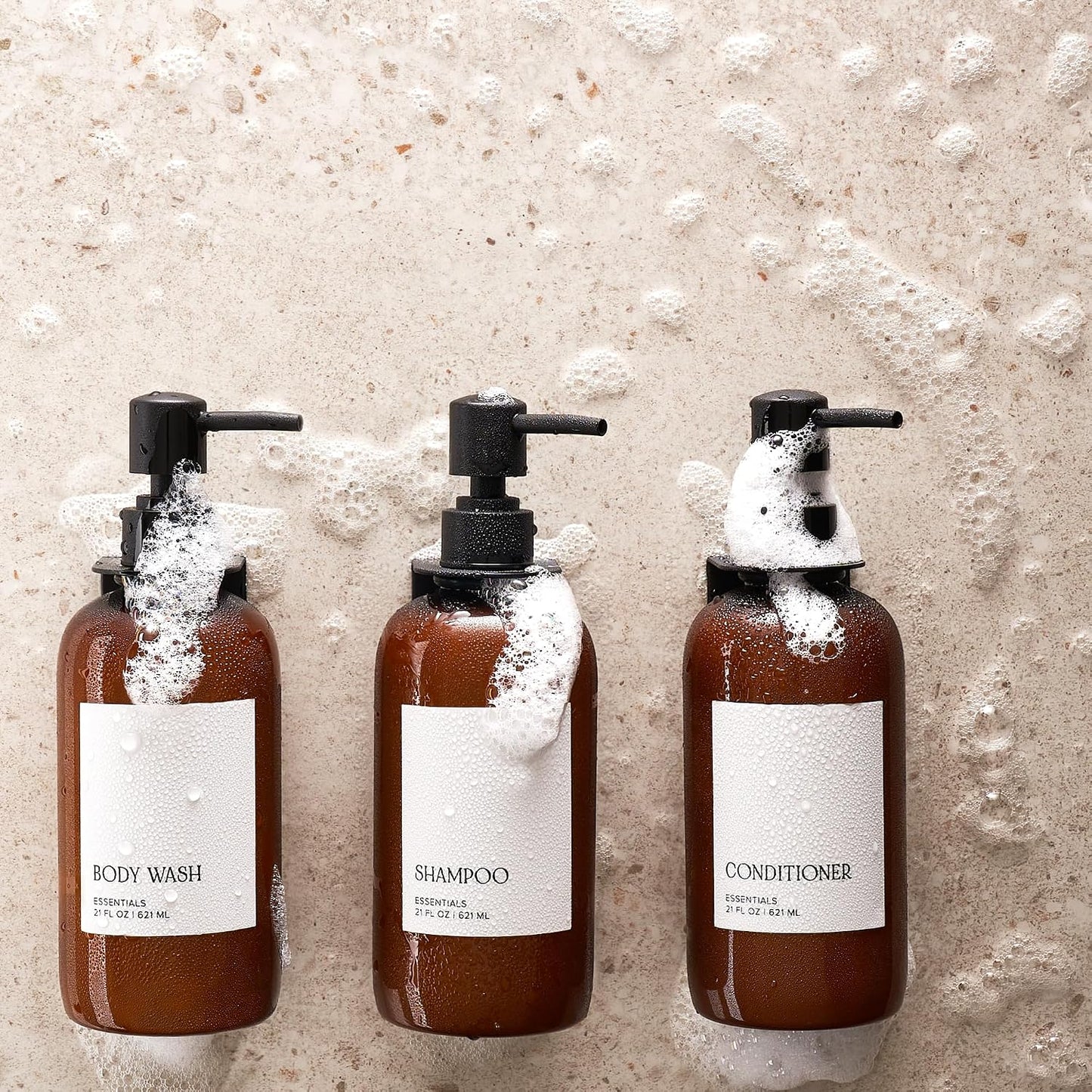 Stylish Shampoo & Conditioner Dispenser Set of 3 - Wall Mount, Drill Free | Modern 21oz Shower Soap Bottles with Labels - Easy Refill Body Wash Dispensers for an Instant Bathroom Decor Upgrade
