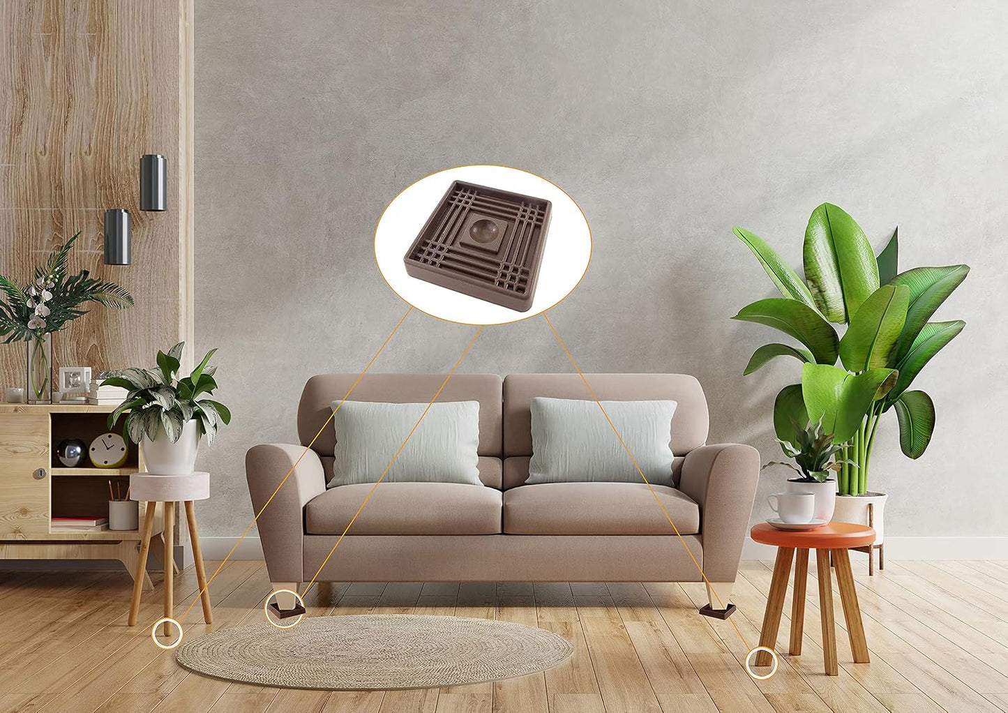 3X3 Square Rubber Caster Cups, Non Slip Furniture Pads - 4 Pack | Anti-Slip Furniture Gripper, Anti Skid Furnitures Feet, Anti Slide Floor Protector for Bed Couch Stoppers, Brown