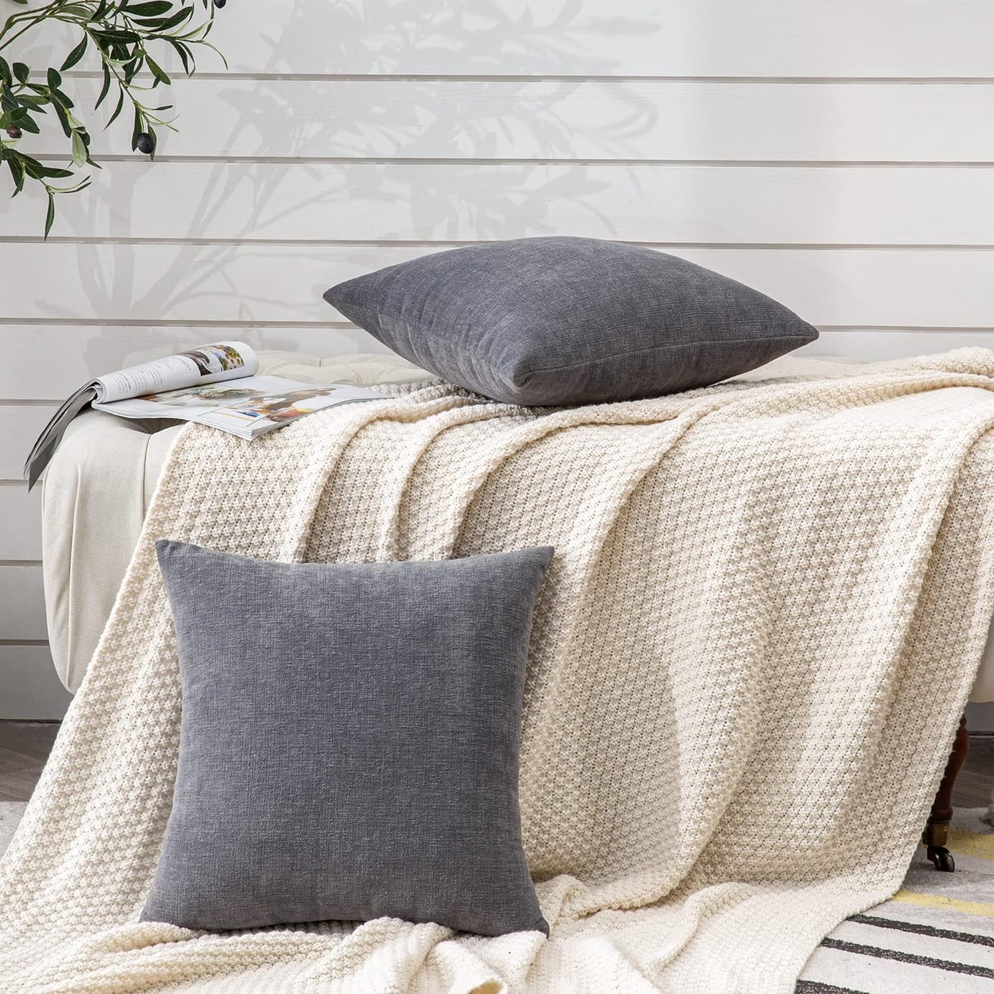 GAWAMAY Lumbar Support Pillow Decorative Rectangle Throw Pillow Covers 12"x20" Inch Set of 2, Soft Chenille Fall Pillowcase for Living Room Bedroom Sofa Couch Cushion Cover Grey 30x50cm (No Insert)
